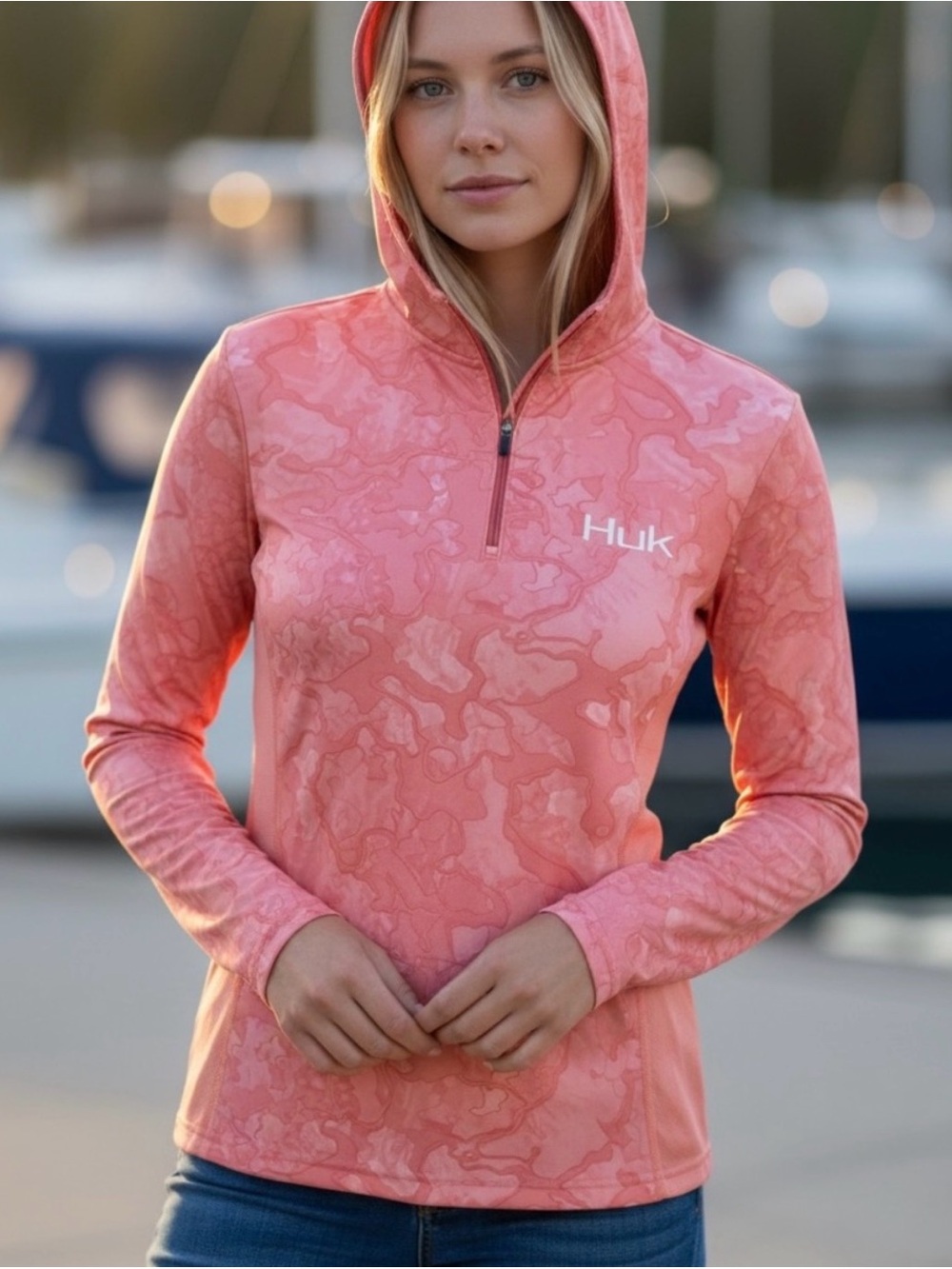 Huk Coral Pink Hooded Half-Zip Performance Top